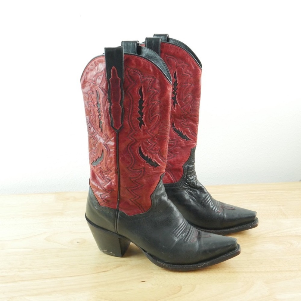 Dan Post Women's Black Red Leather Western Cowboy Boots 6.5 Festival Embroidered